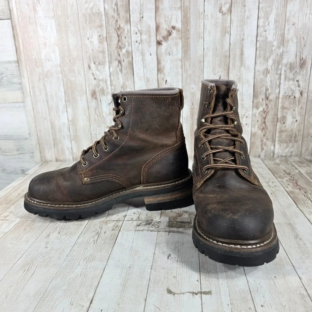 Mens Brown Leather Lace Up Work Boots Rugged Durable Construction‎ Size 9